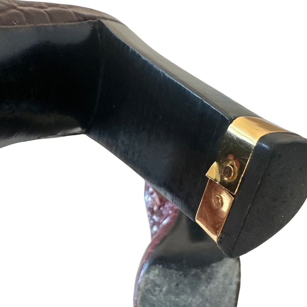 Tory Burch Allison Croc Patent Slingback Peep Toe‎ Block Heels 8 Bordeaux